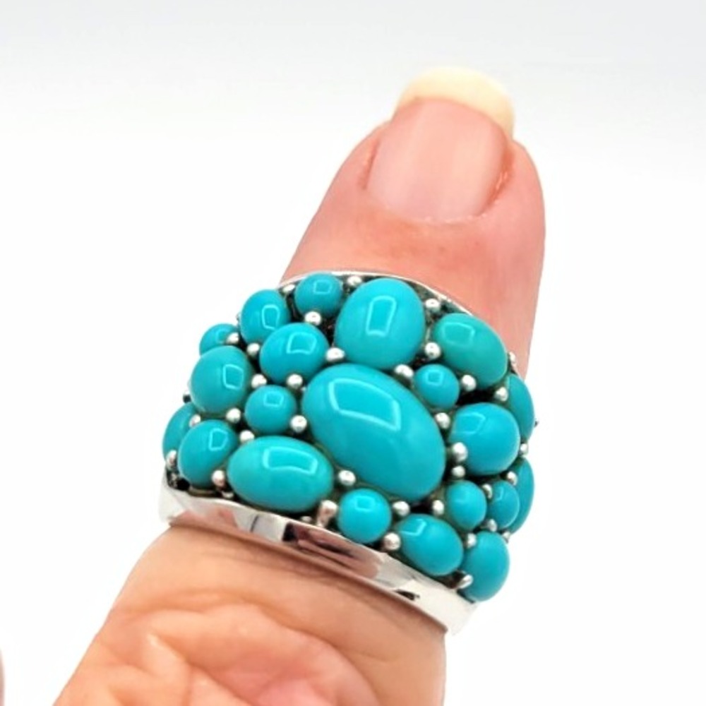 925 Sterling Silver Turquoise Cabochon Cluster Cocktail Ring Size 6 Vtg